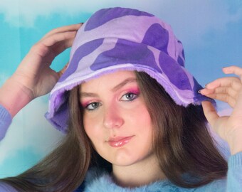 Mooon Cow Purple Cow Pattern Reversible Faux fur Bucket Hat by LUCA