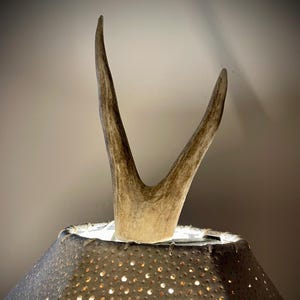 May include: A rustic lamp featuring a textured lampshade with small, evenly spaced holes that emit light. The lamp is topped with a natural antler, adding a unique, outdoorsy aesthetic. The antler is a light brown color.