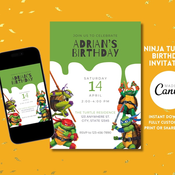 Ninja Turtle Invitation, Turtle Birthday Invitation, Superhero Birthday, Editable Template, Kids Birthday Invitation