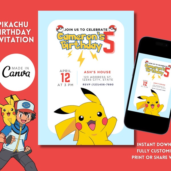 Pikachu Birthday Invitation, Instant Download, Customizable Template, 5x7", Kids Anime Birthday, PokeMon