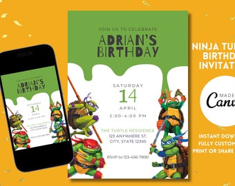 Ninja Turtle Invitation, Turtle Birthday Invitation, Superhero Birthday, Editable Template, Kids Birthday Invitation