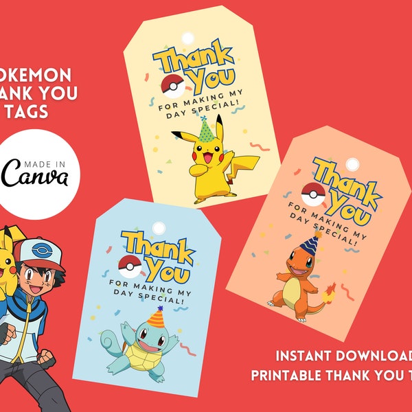 Pokemon Thank You Tags, Party Favor Tags, Instant Download, Kids Anime Birthday