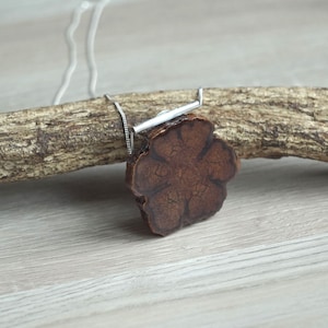 Può includere: Una collana con un ciondolo di legno marrone a forma di fiore, con una catena d'argento. Il ciondolo ha la forma di un fiore con cinque petali e presenta un motivo a venature del legno naturale.