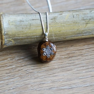 Può includere: Una collana con catena d'argento con un ciondolo ovale marrone con un design geometrico argentato.