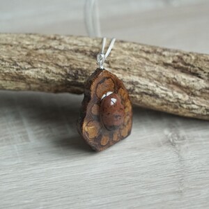 Può includere: Un ciondolo in legno marrone con un motivo floreale e una pietra rossa al centro. Il ciondolo è appeso a una catena d'argento.