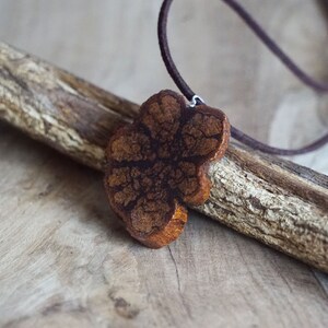 Può includere: Un ciondolo in legno marrone con un motivo unico e intricato, appeso a un cordino in pelle marrone. Il ciondolo è appoggiato su un pezzo di legno di deriva.