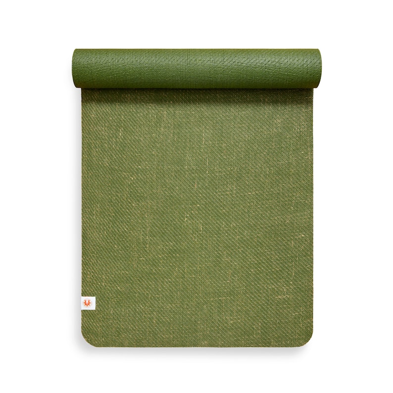 May include: A green yoga mat with a textured surface. The mat is rolled up and has a small logo on the bottom.