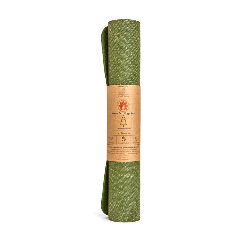 May include: A rolled up green yoga mat with a brown paper label that says "4mm Eco Yoga Mat", "2 Trees Planted", and "My Features".