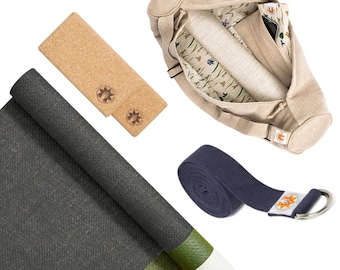 Set de yoga ecológico: esterilla de yute antideslizante y bloques de corcho