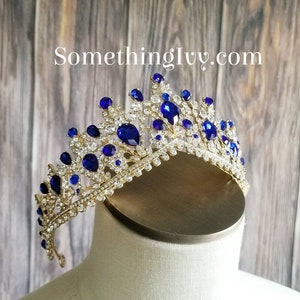 Fast Ship - 2.5&quot; Blue & Gold Tiara with Sapphire Blue Stones -  Gold High Tiara -  Gold Crown with Royal Blue Stones - Quince Gold Crown