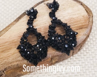 Fast Ship - 1.75&quot; - Black Drop Earrings - Black Chandelier Earrings - Black Rhinestone Earrings - Black Prom Earrings - Pierced