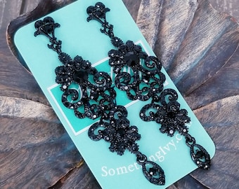Chandelier Dangle Earrings Dark Silver ft Teal Beads