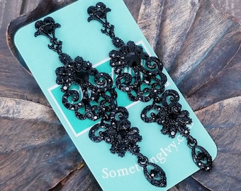 3" - Black Drop Earrings - Black Chandelier Earrings - Black Rhinestone Earrings - Black Prom Earrings - Pierced