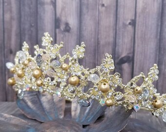 Fast Ship - Light Gold Baroque Champagne & Rhinestone Beaded Tiara - Baroque Tiara - Multi Color Baroque Crown