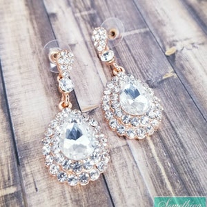 Rose Gold Chandelier Earrings - Rose Gold Pear Shaped Stone Earrings - Rose Gold Rhinestone Earrings -Rose Gold Dangle Earrings
