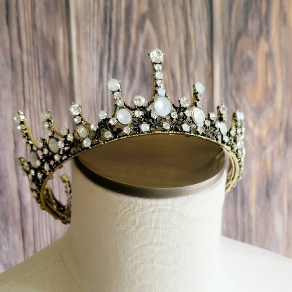 Fast Ship - 2.5" Opal Antique Vintage Gold Baroque Crown 360 Circle Tiara with Black Accents