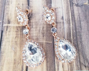 Rose Gold Chandelier Earrings - Rose Gold Pear Shaped Stone Earrings - Rose Gold Rhinestone Earrings -Rose Gold Dangle Earrings