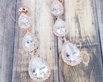 Pendientes colgantes de oro rosa - Pendientes de araña de oro rosa - Pendientes de diamantes de imitación de oro rosa - Pendientes colgantes de oro rosa