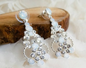 2.10" - Opal/Silver Drop Earrings - Opal Earrings - Opal Rhinestone Earrings