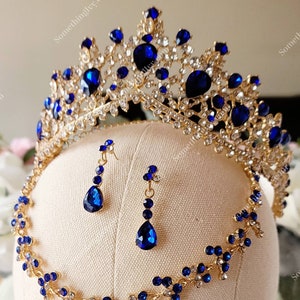 Fast Ship - 2.5&quot; Crown Set- Blue & Gold Tiara with Sapphire Blue Stones -  Gold High Tiara -  Gold Crown with Royal Blue Stones and Jewelry