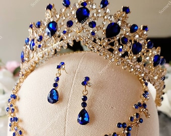Fast Ship - 2.5&quot; Crown Set- Blue & Gold Tiara with Sapphire Blue Stones -  Gold High Tiara -  Gold Crown with Royal Blue Stones and Jewelry