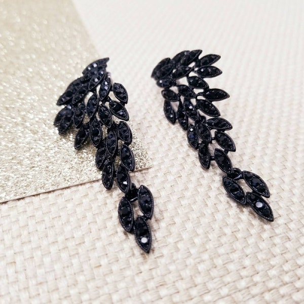 2.5" - Black Drop Earrings - Black Chandelier Earrings - Black Rhinestone Earrings - Black Prom Earrings - Pierced