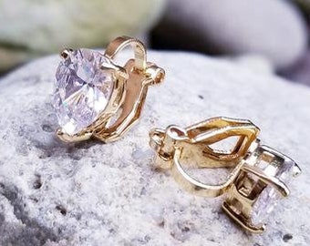 Clip on Cubic Zirconia Pear Shape Stud Gold Earrings  - Gold Earrings - Clip on Earrings - Wedding Clip On Earrings