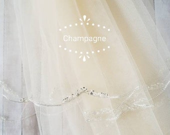 2 Tier- Champagne Beaded Veil -Fingertip Length Beaded Veil with Bugles Beads, Rhinestones with a Light Silver Metallic Edge