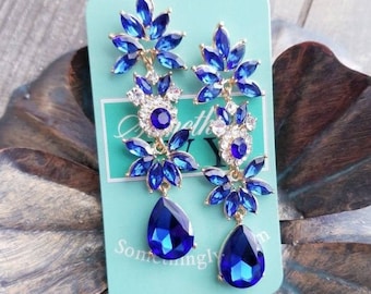 Royal Blue/Gold Drop Earrings - Something Blue Chandelier Earrings - Emerald Blue Rhinestone Earrings - Blue Dangle Earrings - Sapphire Blue