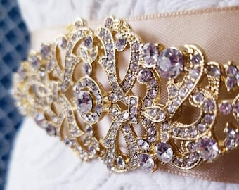 Gold & Champagne Sash, Gold Wedding Belt, Gold Bridal Sash, Gold and Ivory Sash -  Gold Rhinestone Belt, Gold Bridal Belts, Gold Brooch