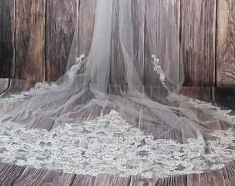 Crystal Heavy Beaded Lace Cathedral Wedding Veil -  Beaded Lace Appliques - Over 2000 Crystals - Royal Lace Cathedral Veil with Crystals