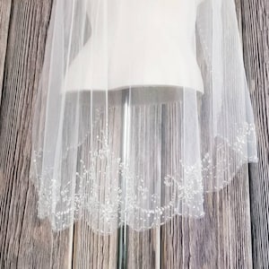 36&quot; Inch  - Beaded Veil with Bugles Beads, Rhinestones, Rondelles, Sequins & Beads - Fingertip Beaded Veils - Scallop Edge Veils