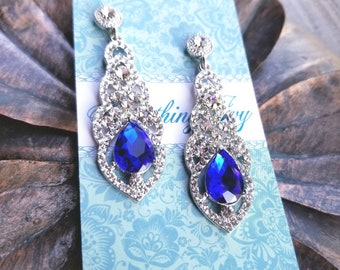 Royal Blue Drop Earrings - Something Blue Chandelier Earrings - Emerald Blue Rhinestone Earrings - Blue Dangle Earrings - Sapphire Blue