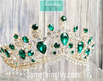 Fast Ship - Contour Fit Emerald Green/Gold Baroque Crown - Emerald Green Tiara - Tiara with Emerald Green Stones - Gold Crowns