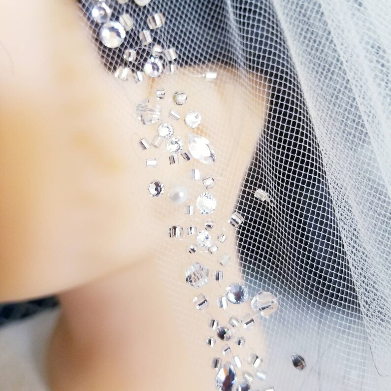 40 Heavy Beaded Fingertip Veil with Marquis Stones Pearls & Rhinestones image 3