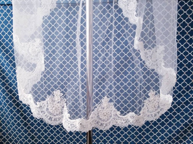 Finished Edge 42 Lace Wedding Veil Beaded Alencon Lace Fingertip Length Veil with Pearls and Rhinestones