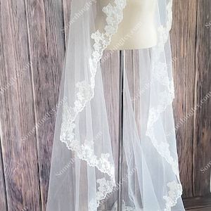 Fast Ship- Ivory Mantilla Beaded Alencon Lace Cathedral Wedding Veil  - Mantilla Lace Cathedral Veil, Veils With Bugle Beads - Mantilla Veil