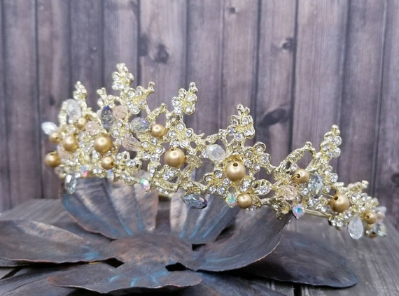 Gold Beaded Tiara Champagne & Gold Pearl Tiara - Shop Bridal Crowns | Dareth  main image 3