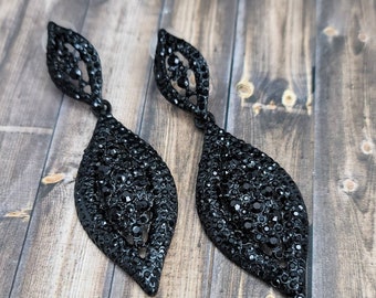 3.25" - Black Drop Earrings - Black Chandelier Earrings - Black Rhinestone Earrings - Black Prom Earrings - Pierced