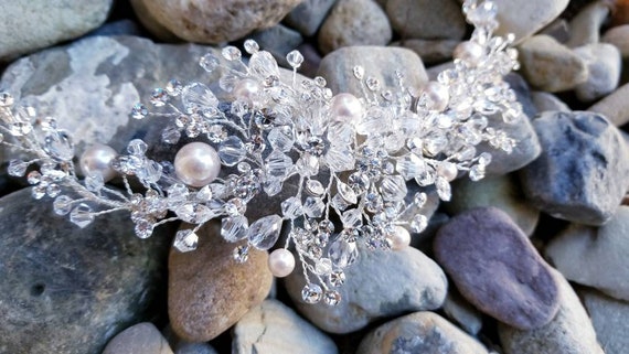 Hair Garland Encrusted Crystal Crescent Headband, Silver  display picture 2