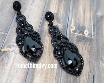 2.5" - Black Drop Earrings - Black Chandelier Earrings - Black Rhinestone Earrings - Black Prom Earrings - Pierced