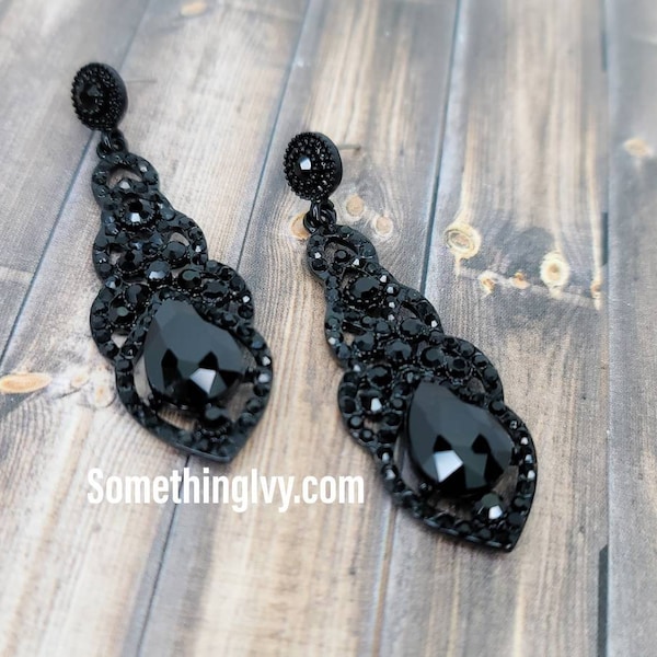 2.5" - Black Drop Earrings - Black Chandelier Earrings - Black Rhinestone Earrings - Black Prom Earrings - Pierced