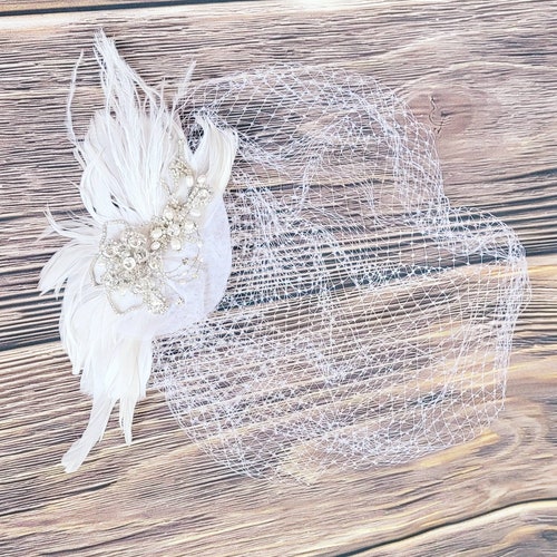 Fast Ship - French Feather Cocktail Hat with face netting veil, Wedding Birdcage shops Veil,Russian Blusher, French Hat with Feather, Flapper