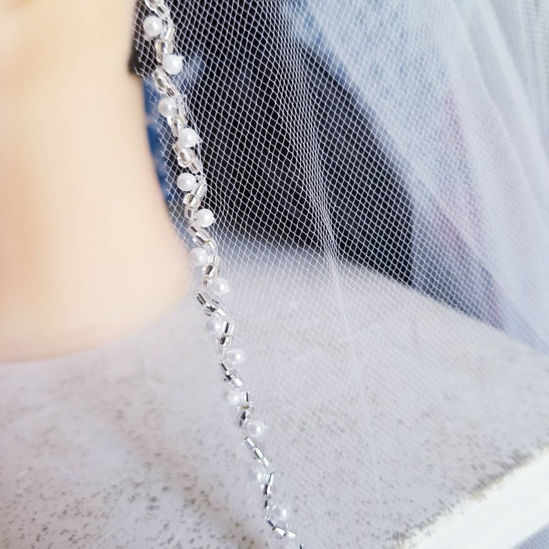 Fingertip Pearl Beaded Edge Wedding Veil wSilver Accents Pearl Bridal Veils Beaded Veil with Pearls