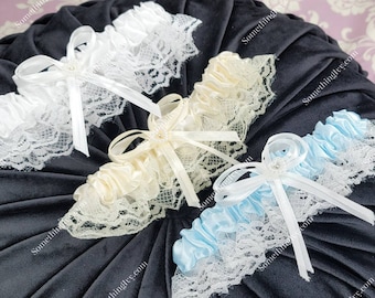 Envío rápido - Liga de encaje para boda con flor - Ligas azules - Ligas de boda - Ligas turquesa - Liga con flor - Liga de encaje blanca