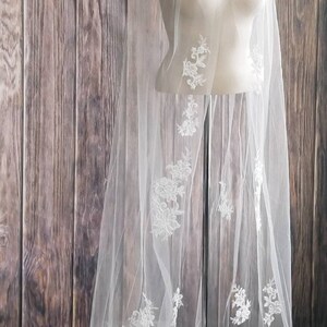 108&quot; Long -  Lace Cathedral Wedding Veil with a Cut Edge - Lace Applique Veil - Silver Thread - Sequins & Bugles