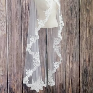 Waltz Mantilla Beaded Alencon Lace Waltz LengthWedding Veil  - Mantilla Lace Waltz Veil