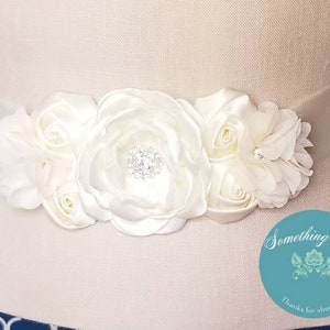 Ivory/Cream Satin Sash, Flower Ivory Wedding Belt, Ivory Satin Bridal Sash,Ivory Flower Organza Belt