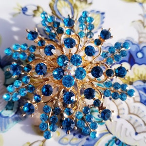 Turquoise/Gold Brooch - Blue Brooches - Wedding Brooches - Turquoise Brooch Pins - Crystal Blue Brooch - Something Blue Brooch