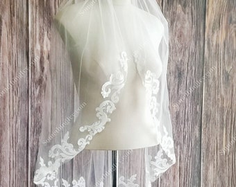 Fast Ship - Baroque Lace Fingertip Length Veil with Rolled Edge - Lace Edge Veil, Baroque Lace Veils - Swirl Lace Veil